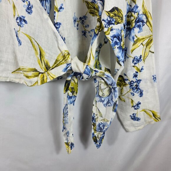 Joie Long Sleeve Linen Wrap Blouse Women's Size Large Ivory, Blue, Yellow Floral - Picture 7 of 12